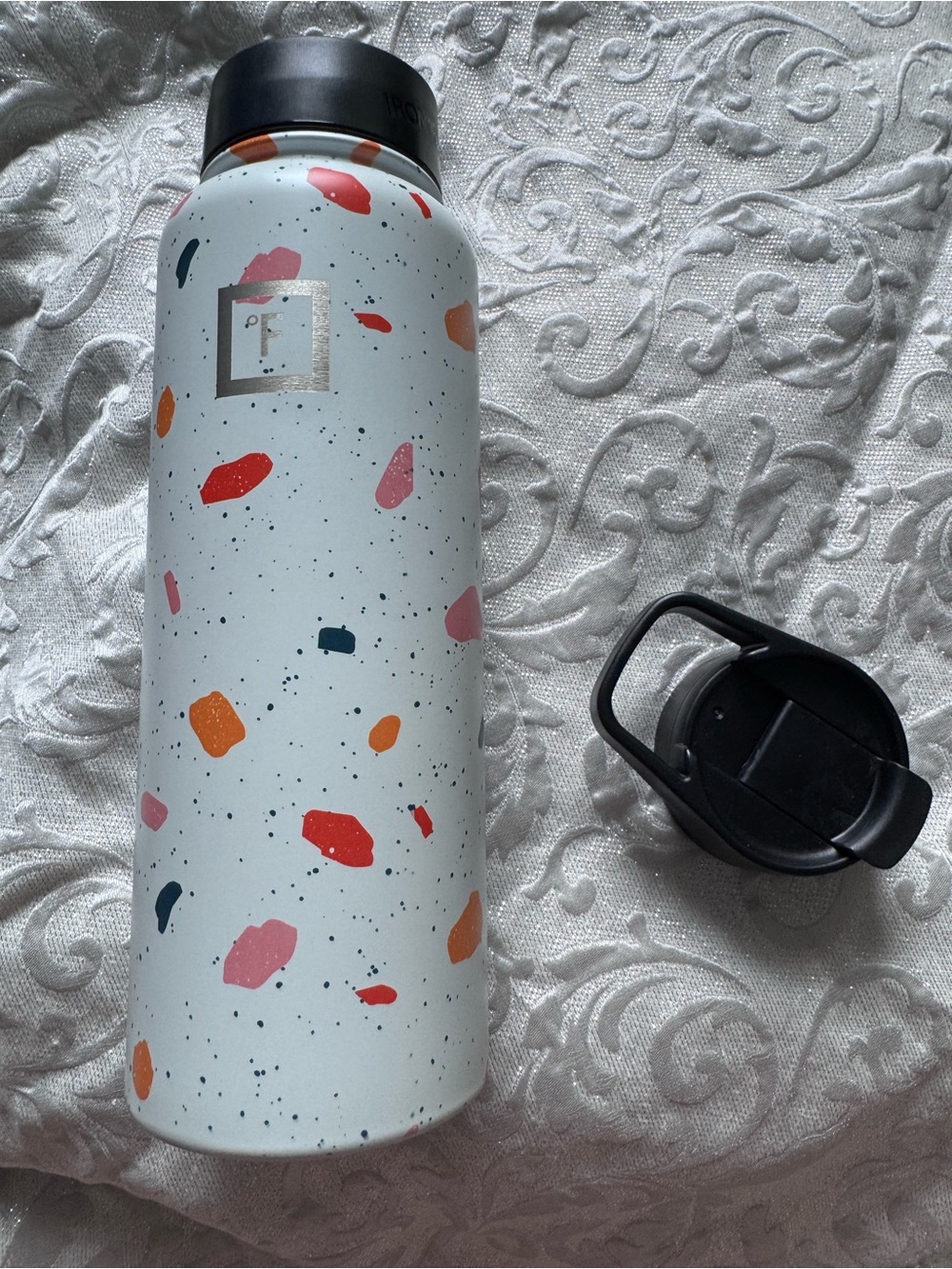 Iron Flask Water Bottle Terrazzo Print 40oz Stainless Steel Tumbler Black Lid